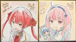  3girls :d absurdres ahoge anchor_hair_ornament animal_ear_fluff animal_ears bare_shoulders blue_hair blue_hairband bow braid cape carrot_hair_ornament chibi closed_mouth dated don-chan_(usada_pekora) dress fang food-themed_hair_ornament fur-trimmed_cape fur_trim gloves hair_bow hair_ornament hair_ribbon hairband highres hololive houshou_marine houshou_marine_(1st_costume) kiritoma minato_aqua mini_person minigirl multicolored_hair multiple_girls on_head pekomon_(usada_pekora) photo_(medium) pink_hair rabbit-shaped_pupils rabbit_ears red_eyes red_hair red_ribbon ribbon shikishi signature smile symbol-shaped_pupils traditional_media twin_braids twintails two-tone_hair usada_pekora usada_pekora_(1st_costume) violet_eyes virtual_youtuber white_bow white_dress white_gloves 