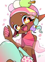 1girl aqua_hair aqua_pants colored_eyelashes crop_top dark-skinned_female dark_skin earrings fangs frye_(splatoon) harem_pants highres inkling jewelry looking_at_viewer multicolored_hair navel official_alternate_color open_mouth pants pink_hair pink_petals pink_shawl pointy_ears purple_hair red_shirt shawl shirt simple_background sitting solo splatoon_(series) splatoon_3 symbol-shaped_pupils tentacle_hair upper_body white_background yellow_eyes yoshishi_(yosisitoho) 