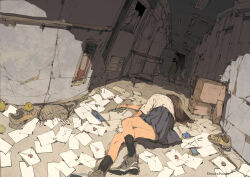  1girl ball brown_hair commentary demizu_posuka fire_hydrant long_hair love_letter on_ground original pleated_skirt racket school_uniform skirt tennis_ball tennis_racket too_many_letters 