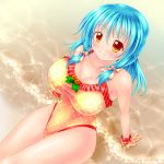  1girl arm_support blue_hair breasts casual_one-piece_swimsuit highres kogarashi_(wind_of_winter) large_breasts one-piece_swimsuit orange_eyes original short_hair swimsuit 