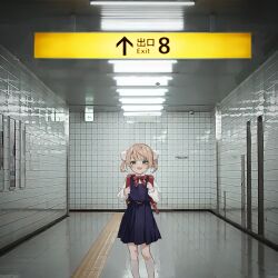  1girl backpack bag blue_skirt brown_hair commentary_request green_eyes hair_ornament i!roha indie_virtual_youtuber indoors long_sleeves looking_at_viewer open_mouth pleated_skirt pom_pom_(clothes) pom_pom_hair_ornament randoseru school_uniform shigure_ui_(vtuber) shigure_ui_(vtuber)_(young) short_hair skirt smile socks solo the_exit_8 train_station virtual_youtuber white_socks 