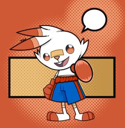  absurdres ankle_wrap arm_up arm_wrap artstation_sample bad_artstation_id bad_id ben-day_dots black_border blue_shorts border boxing_gloves boxing_shorts buck_teeth dots ears_down english_text full_body gloves highres image_sample joaquin_martinez open_mouth orange_background pokemon pokemon_(creature) pokemon_swsh rectangle red_gloves scorbunny screentones shorts smile speech_bubble teeth 