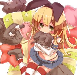  1girl animal_ear_hairband animal_ears blonde_hair blue_skirt boots double-parted_bangs elbow_gloves fake_animal_ears from_above gloves green_eyes grey_boots hair_between_eyes hairband hekicha highleg highleg_panties highres hugging_object kantai_collection long_hair microskirt midriff navel panties pillow pleated_skirt rabbit_ear_hairband rabbit_ears rensouhou-chan rudder_footwear shimakaze_(kancolle) shirt sitting skirt sleeveless sleeveless_shirt solo striped_clothes striped_thighhighs stuffed_toy thigh-highs underwear very_long_hair wariza white_gloves 