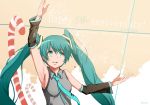  1girl 2013 aqua_eyes aqua_hair arm_up armpits artist_name candy_cane dated detached_sleeves green_eyes happy_birthday hatsune_miku hews_hack long_hair musical_note necktie solo twintails very_long_hair vocaloid 