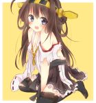  1girl ahoge bare_shoulders blush breasts brown_hair cleavage detached_sleeves hairband headgear japanese_clothes kantai_collection kongou_(kantai_collection) long_hair looking_at_viewer meota open_mouth personification solo tears thighhighs torn_clothes yellow_background 