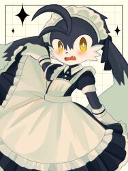  1boy alternate_costume animal_ears animal_nose apron arm_up black_dress black_fur black_ribbon blush border bright_pupils buttons cabbit clothes_lift collared_dress commentary cowboy_shot crossdressing crossdressing_(mtf) d: dress dress_lift ear_ribbon enmaided fang four-pointed_star frilled_apron frills furry furry_male grid_background headdress highres kaze_no_klonoa klonoa kuro_(user_uwrm3742) looking_at_viewer maid maid_headdress male_focus open_mouth outside_border pleated_dress puffy_short_sleeves puffy_sleeves ribbon short_sleeves solo star_(symbol) two-tone_fur very_long_ears white_apron white_background white_border white_fur white_headdress white_pupils white_wrist_cuffs wrist_cuffs yellow_eyes 