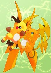  black_eyes blue_eyes caramel_pkmn closed_mouth electricity highres mega_pokemon mega_raichu_x mega_raichu_y multiple_tails no_humans one_eye_closed orange_fur pokemon pokemon_(creature) pokemon_focus pokemon_legends:_z-a raichu smile tail very_long_ears very_long_tail yellow_fur 