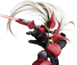  002_khd 1boy arm_blade armor assault_visor black_bodysuit bodysuit cowboy_shot energy_sword grey_hair helmet highres long_hair mega_man_(series) mega_man_battle_network_(series) protoman.exe red_armor red_helmet simple_background solo sword weapon white_background 