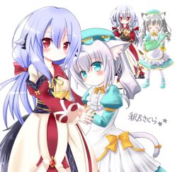  2girls ainu_clothes akari_(eco) akino_sakura animal_ears apron artist_name black_sash blue_hair boots bow bowtie cat_ears cat_girl cat_tail dog_ears dress emil_chronicle_online frilled_apron frilled_hat frills green_boots green_dress green_eyes green_hat hat hat_ribbon holding holding_hands holding_watering_can long_hair low_ponytail maid multiple_girls multiple_views nekomata_sharu pantyhose ponytail red_dress red_eyes ribbon sash standing tail tail_ornament tail_ribbon twintails two-tone_dress watering_can white_apron white_background white_dress white_hair white_pantyhose yellow_bow yellow_ribbon 