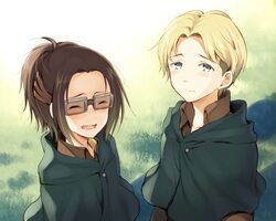  1boy 1girl blonde_hair blue_eyes blush brown_hair cape glasses ha-ru10 hange_zoe laughing nanaba ponytail shingeki_no_kyojin 