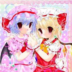 2000s_(style) 2girls :d :o bat_wings black_wings blonde_hair blue_hair blush canihavepromo character_name crystal crystal_wings dot_nose dress duo english_text fang flandre_scarlet frilled_wrist_cuffs frills hands_together hat lens_flare lens_flare_abuse looking_at_viewer lowres multicolored_background musical_note open_mouth pale_skin pink_dress pink_hat pink_sleeves pink_wrist_cuffs ponytail puffy_short_sleeves puffy_sleeves red_eyes remilia_scarlet short_hair short_sleeves siblings sisters star_(symbol) text the_embodiment_of_scarlet_devil touhou white_hat white_sleeves white_wrist_cuffs wings wrist_cuffs