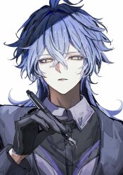  1boy absurdres antenna_hair arm_up black_gloves black_jacket blue_hair collared_shirt commentary_request crossed_bangs double-parted_bangs empty_eyes flins_(genshin_impact) genshin_impact gloves highres holding holding_pen jacket koumimi long_hair long_sleeves looking_to_the_side male_focus open_clothes open_jacket parted_lips pen shirt sideways_glance solo upper_body wing_collar yellow_eyes 