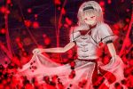  1girl alice_margatroid alternate_color blonde_hair capelet dress dress_lift glowing glowing_eyes hair_ribbon mixarumixa red red_eyes ribbon solo touhou 