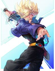 1boy belt black_pants black_shirt blonde_hair blue_jacket cowboy_shot cropped_jacket dragon_ball dragon_ball_z green_eyes highres holding holding_sword holding_weapon jacket male_focus ommmyoh open_clothes open_jacket pants shirt short_hair solo spiky_hair super_saiyan sword sword_on_back trunks_(dragon_ball) trunks_(future)_(dragon_ball) weapon weapon_on_back