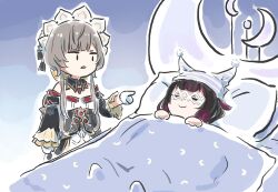  2girls blanket closed_eyes closed_mouth columbina_(genshin_impact) detached_sleeves dress genshin_impact gloves highres long_sleeves looking_at_another multiple_girls on_bed parted_lips pillow pointing pointing_at_another sandrone_(genshin_impact) sleeping smile white_gloves xinzoruo 