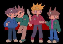  4boys antenna_hair arm_at_side black_shoes blonde_hair blue_hoodie blue_pants blue_shoes brown_hair brown_pants checkered_footwear chinese_commentary commentary_request cosplay costume_switch drawstring edd_(eddsworld) edd_(eddsworld)_(cosplay) eddsworld fewer_digits full_body green_eyes green_hoodie green_jacket green_shoes grey_pants grey_shirt grin hair_behind_ear hair_horns hand_in_pocket hand_mirror highres holding holding_mirror hollow_eyes hood hood_down hoodie jacket jitome long_sleeves looking_at_another looking_down male_focus matt_(eddsworld) matt_(eddsworld)_(cosplay) mirror multiple_boys name_tag open_clothes open_jacket pants puffy_long_sleeves puffy_sleeves purple_hoodie raised_eyebrow red_eyes red_hoodie red_shoes shirt shoes short_hair simple_background sleeves_past_wrists smile standing standing_on_one_leg tom_(eddsworld) tom_(eddsworld)_(cosplay) tord_(eddsworld) tord_(eddsworld)_(cosplay) uneven_eyes violet_eyes whalebone_(muffinsuki) 