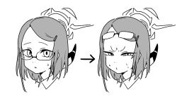  1girl arrow_(symbol) aru_(blue_archive) asahina_yoshitoshi blue_archive closed_mouth eyewear_on_head glasses greyscale halo horns looking_at_viewer monochrome multiple_views portrait short_hair simple_background squinting white_background 