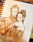  2girls alternate_hairstyle bow closed_eyes gloves hair_up hands_on_another&#039;s_shoulders hands_together highres long_sleeves marie_antoinette_(versailles_no_bara) millipen_(medium) multiple_girls nijico2000 oscar_francois_de_jarjayes photo traditional_media versailles_no_bara watercolor_(medium) white_gloves wide_sleeves 