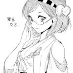  1girl breasts detached_sleeves glasses hairband kantai_collection kirishima_(kantai_collection) monochrome ot-nm personification semi-rimless_glasses short_hair sketch smile solo translation_request under-rim_glasses 