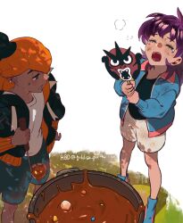  2boys aged_down black_hair black_jacket black_shirt blue_jacket blue_shoes closed_eyes commentary_request curry dirty dirty_face earrings food headband highres holding holding_ladle holding_paddle hot_gay_241 jacket jewelry korean_commentary ladle leon_(pokemon) long_hair male_focus multiple_boys open_clothes open_jacket open_mouth orange_headband paddle pokemon pokemon_swsh purple_hair raihan_(pokemon) shirt shoes short_hair shorts side_slit side_slit_shorts sweatdrop tearing_up teeth tongue white_shirt 