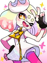  +_+ 1girl :d black_gloves blonde_hair crown dress fingerless_gloves gloves gradient_hair hand_on_own_hip highres inkling looking_at_viewer mole mole_under_mouth multicolored_hair one_eye_closed open_mouth pantyhose pearl_(splatoon) pink_background pink_hair pink_pantyhose simple_background smile solo splatoon_(series) splatoon_2 standing tentacle_hair two-tone_hair upper_body w white_dress yellow_eyes yoshishi_(yosisitoho) 
