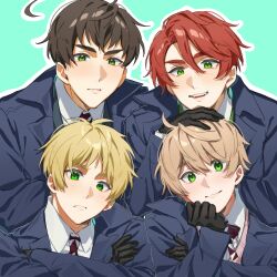 4boys ahoge aqua_background axis_powers_hetalia black_hair black_vest blonde_hair blue_jacket blush closed_mouth collared_shirt commentary_request crossed_arms formal_clothes green_eyes green_vest hand_on_another&#039;s_head hand_on_own_face hand_up highres huge_ahoge jacket lapels long_sleeves looking_at_viewer male_focus multiple_boys necktie northern_ireland_(hetalia) open_clothes open_jacket pink_sweater red_hair red_necktie scotland_(hetalia) shirt short_hair simple_background smile sparkling_eyes suit suit_jacket surimi_003 sweater teeth united_kingdom_(hetalia) upper_body v-shaped_eyebrows vest wales_(hetalia) white_shirt 