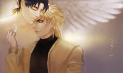  2boys black_hair blonde_hair dio_brando highres jojo_no_kimyou_na_bouken jonathan_joestar misaki03011992 multiple_boys realistic star wings 