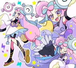 1girl black_socks blue_hair bow bow-shaped_hair character_hair_ornament detached_sleeves full_body hair_ornament highres iono_(pokemon) iono_(sygna_suit)_(pokemon) japanese_clothes kimono long_hair looking_at_viewer multicolored_hair multiple_views official_alternate_costume pink_hair pokemon pokemon_masters_ex purple_background purple_bow raging_bolt sandals sharp_teeth simple_background sleeves_past_fingers sleeves_past_wrists socks split-color_hair standing teeth twintails two-tone_hair violet_eyes white_kimono yellow_eyes yoshishi_(yosisitoho)