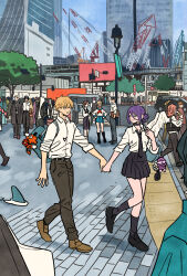  5girls 6+boys androgynous angel_devil_(chainsaw_man) angel_wings backpack bag bag_charm beam_(chainsaw_man) black_choker black_hair black_necktie black_pants black_shoes black_skirt black_socks black_suit blonde_hair blue_sailor_collar blue_skirt braid brick_road brown_hair brown_shoes chainsaw_man character_charm charm_(object) choker city collared_shirt demon_horns denji_(chainsaw_man) flower full_body hair_between_eyes hair_bun halo hands_on_own_hips hayakawa_aki higashiyama_kobeni highres holding holding_hands holding_ice_cream_cone hood hood_up hoodie horns ice_cream_cone jacket kishibe_(chainsaw_man) long_hair makima_(chainsaw_man) multiple_boys multiple_girls neckerchief necktie pants pleated_skirt pochita_(chainsaw_man) ponytail power_(chainsaw_man) princi_(chainsaw_man) purple_hair red_hair red_neckerchief reze_(chainsaw_man) sailor_collar school_uniform shark_fin shirt shoes short_ponytail single_braid skirt sleeves_rolled_up socks suit suit_jacket takeuchi_ryousuke updo violence_fiend_(chainsaw_man) white_flower white_hoodie white_shirt wings yoshida_hirofumi 