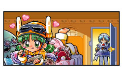  2girls :q absurdres ai_(g-on_riders) apron ascot barefoot bed_sheet blanket blue_dress blue_hair blush_stickers child closed_mouth commentary controller door dress expressionless foot_up frilled_dress frills g-on_riders gears glasses gloves goggles goggles_on_headwear green_eyes green_hair hard_hat heart helmet highres holding holding_controller indoors jetpack kokomahi looking_at_another low_twintails lying maid maid_apron maid_headdress medium_hair multiple_girls official_art on_bed on_stomach opening_door pajamas pantyhose pillow red_ascot screw short_hair short_twintails smile squid standing stuffed_animal stuffed_toy teddy_bear the_pose tongue tongue_out twintails under_covers white_apron white_gloves white_pantyhose yellow_eyes yellow_pajamas zero_(g-on_riders) 