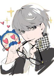  1boy black-framed_eyewear blush commentary_request covering_own_mouth cropped_torso eyewear_in_mouth four-pointed_star glasses grey_eyes grey_hair grey_jacket hand_up hashtag-only_commentary heart heart-shaped_eyes holding holding_removed_eyewear jacket kuma_(persona_4) long_sleeves looking_at_viewer male_focus mouth_hold narukami_yu open_clothes open_jacket parted_lips persona persona_4 qianyewuli school_uniform shirt short_hair simple_background sparkle swept_bangs unworn_eyewear white_background white_shirt yasogami_school_uniform 