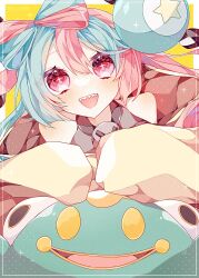 +_+ 1girl bare_shoulders bellibolt blue_hair border bow-shaped_hair character_hair_ornament hair_ornament halter_shirt halterneck highres iono_(pokemon) jacket long_hair looking_at_viewer multicolored_hair open_mouth pink_eyes pink_hair pokemon pokemon_(creature) pokemon_sv sharp_teeth simple_background sleeves_past_fingers sleeves_past_wrists smile split-color_hair teeth to_camellia two-tone_hair upper_body white_border yellow_background yellow_eyes yellow_jacket 