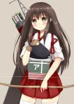  1girl akagi_(kantai_collection) archery arrow blush bow_(weapon) brown_eyes brown_hair chaa_(korone-ze) gloves hakama japanese_clothes kantai_collection kyuudou long_hair looking_at_viewer muneate personification quiver single_glove skirt smile solo thigh-highs weapon yugake zettai_ryouiki 