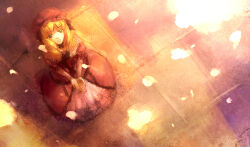 1girl artist_request bangs blonde_hair dodonpachi dodonpachi_daioujou dress frilled_hat frills from_above green_eyes hat long_dress looking_up medium_hair open_hand open_hands petals purple_dress purple_hat ribbon shotia solo wallpaper