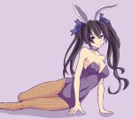  1girl animal_ears black_hair breasts bunnysuit choker choujigen_game_neptune fishnet_pantyhose fishnets grundy hair_ribbon long_hair noire on_side pantyhose rabbit_ears red_eyes ribbon simple_background smile solo thigh-highs twintails 