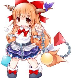 1girl :d armpit armpits bangs belt blush bow breasts breath brown_eyes brown_horns canihavepromo chain chains demon_girl demon_horns fang female frilled_wrist_cuffs frills grey_shoes horns ibuki_suika leg_warmers long_bangs long_hair multicolored_clothes multicolored_skirt oni oni_horns open_mouth orange_hair pale_skin red_bow red_ribbon ribbon shirt shoes simple_background skirt sleeveless socks solo solo_focus sweat sweatdrop touhou white_background white_leg_warmers white_shirt white_socks white_wrist_cuffs wrist_cuffs