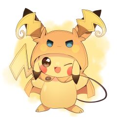  brown_eyes cloak cosplay highres hood hood_up hooded_cloak looking_at_viewer mega_raichu_y mega_raichu_y_(cosplay) no_humans one_eye_closed open_mouth pikachu pokemon pokemon_(creature) pokemon_focus pokemon_legends:_z-a raichu smile tail yellow_fur yupo_0322 