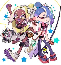  1boy 2girls big_man_(splatoon) black_shirt black_shorts blonde_hair blue_hair blue_socks cephalopod_eyes chest_sarashi clenched_hand colored_eyelashes colored_tongue crop_top dark-skinned_female dark_skin earrings fangs fishing_rod frye_(splatoon) full_body hair_bun hair_over_one_eye highres holding holding_fishing_rod inkling jewelry long_hair long_pointy_ears looking_at_viewer manta_ray multiple_earrings multiple_girls octoling official_alternate_costume open_mouth pointy_ears purple_tongue red_eyes red_shoes sarashi see-through_clothes see-through_shawl shawl shirt shiver_(splatoon) shoes shorts simple_background smile socks splatoon_(series) splatoon_3 standing star_(symbol) suction_cups symbol-shaped_pupils tentacle_hair white_background white_shoes yellow_eyes yoshishi_(yosisitoho) 