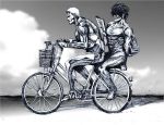  2boys armored_titan backpack bag bicycle monochrome multiple_boys no_skin nobita reading riding rogue_titan shingeki_no_kyojin titan_(shingeki_no_kyojin) what 