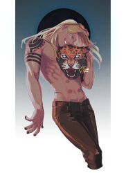  1boy black_pants blonde_hair evil_grin evil_smile eyewear_on_head fate/grand_order fate_(series) grin jaguar long_hair male_focus navel orange-tinted_eyewear pants sbdugite shoulder_tattoo shredded_muscles smile solo tattoo tezcatlipoca_(fate) tinted_eyewear toned toned_male topless_male 