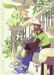  bell-bottoms blue_shoes brown_hair chikorita commentary english_text fukkatsu_no_maya green_jacket harmony_(pokemon) hat highres holding jacket mega_ring mega_stone pants plant pokemon pokemon_(creature) pokemon_legends:_z-a rotom rotom_phone shoes short_hair sitting sitting_on_stairs stairs striped_hat white_hat 