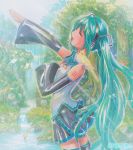  1girl animal_on_shoulder aqua_hair artist_name bird bird_on_shoulder closed_eyes detached_sleeves hand_on_own_chest hatsune_miku headset long_hair mayo_riyo open_mouth outstretched_arm singing skirt solo sparkle thighhighs traditional_media very_long_hair vocaloid water waterfall 