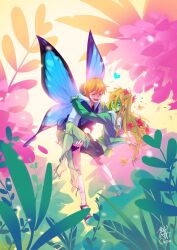  adventure_time barefoot blonde_hair blush butterfly_wings carrying carrying_person colored_skin fern_(adventure_time) finn_the_human flower green_skin hair_flower hair_ornament highres hungeronion insect_wings long_hair male_focus multiple_boys one_eye_closed plant shoes shorts sneakers wings 