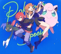  1boy 1girl aqua_eyes black_dress black_jacket black_shoes blue_background blue_eyes brown_hair confetti dress fang full_body gloves green_(pokemon) grey_eyes highres holding holding_poke_ball jacket jigglypuff long_hair long_sleeves looking_at_viewer one_eye_closed pants pkgllllllv poke_ball poke_ball_(basic) pokemon pokemon_(creature) pokemon_adventures purple_pants red_eyes red_hair shoes silver_(pokemon) simple_background sleeveless smile sneasel standing turtleneck turtleneck_jacket white_gloves 