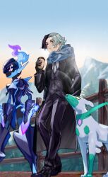  1boy absurdres against_fence alternate_color alternate_costume amethio_(pokemon) blue_scarf breath ceruledge coat commentary_request copituji cup day disposable_coffee_cup disposable_cup fence gloves highres holding long_sleeves male_focus multicolored_hair open_clothes open_coat outdoors pants pokemon pokemon_(anime) pokemon_(creature) pokemon_horizons scarf shiny_pokemon shirt shoes short_hair sky standing two-tone_hair vest winter zygarde zygarde_(10) 