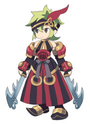  1boy armor artist_name asgard asura_(asgard) bare_shoulders black_eyes black_headband black_pants black_sleeves closed_mouth coin commentary_request dot_nose dual_persona dual_wielding elbow_gloves gauntlets gloves gold_coin green_hair grey_ribbon headband holding holding_sword holding_weapon korean_commentary legs_apart looking_to_the_side medium_hair nexon o-ring pants pauldrons red_armor red_pants shoulder_armor simple_background smile striped_clothes striped_pants sword two-tone_pants vertical-striped_clothes vertical-striped_pants weapon 