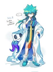  ... 1girl arale_(shuten_order) black_skirt blue_shirt coat coat_partially_removed commentary_request genderswap genderswap_(mtf) green_hair hand_in_pocket hand_on_own_chin hiding hiding_behind_another highres leg_warmers long_hair necktie overall_skirt ricordccc robot shirt shuten_order simple_background skirt speech_bubble spiky_hair spoken_ellipsis teko_ion tentacles translation_request white_background white_coat white_leg_warmers yellow_background yellow_necktie 