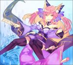  1girl animal_ears bare_shoulders bow breasts caster_(fate/extra) detached_sleeves fate/extra fate_(series) fox_ears fox_tail hair_bow hair_ribbon ice-poke japanese_clothes ofuda pink_hair ribbon solo tail thigh-highs twintails yellow_eyes 