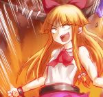  1girl bare_shoulders bow bust chain hair_bow horn_ribbon horns ibuki_suika long_hair open_mouth orange_hair outstretched_arms payot ribbon shackle sleeveless sleeveless_shirt smile solo takorice touhou 