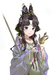  1girl black_eyes black_hair chinese_clothes closed_mouth cup facial_mark feixianji_(hairstyle) flower forehead_mark guni_(9guniguni) hair_flower hair_ornament hands_up hanfu highres huadian jewelry jiu_niangzi jiu_niangzi_(blossom_spring_fairy) kettle looking_at_viewer necklace official_alternate_costume pink_flower purple_flower purple_hanfu reverse:1999 smile solo upper_body white_background wide_sleeves 